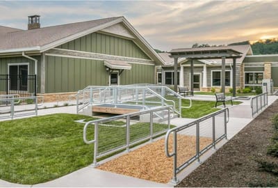 Exterior view of the facility's courtyard and entrance.