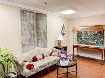 Comfortable interior seating area with decor
