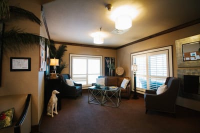 Cozy common area with seating and decorative elements
