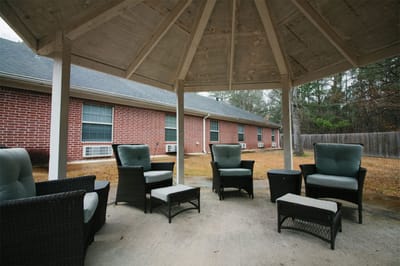 Outdoor seating area under a gazebo