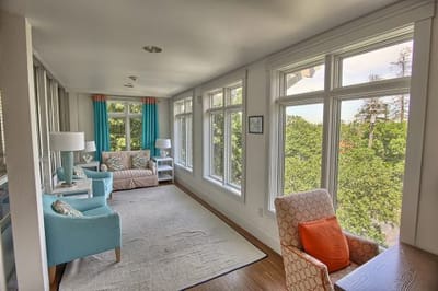 Bright interior common area with large windows