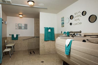 Accessible bathroom with therapeutic tub and safety features
