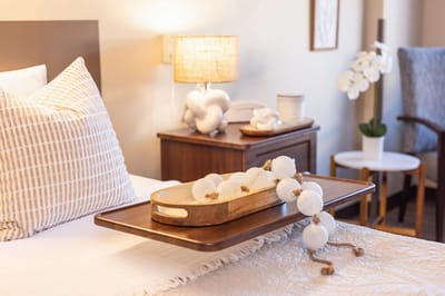 Stylish bedroom setup with decorative tray and plants