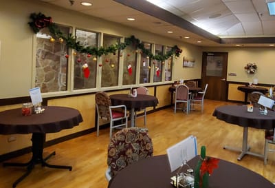 Bright dining room decorated for the holidays