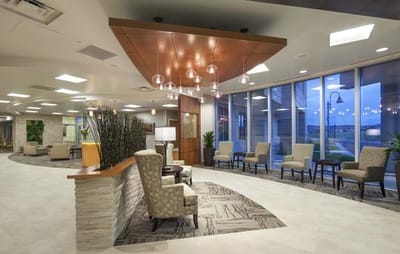 Bright and modern lobby area with seating