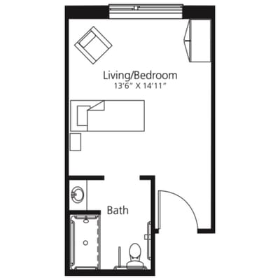 Architectural floor plan of a living/bedroom unit