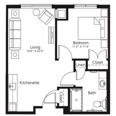 Architectural floor plan of a one-bedroom unit