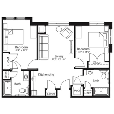 Architectural floor plan of a two-bedroom unit