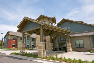 Entrance of a modern assisted living facility