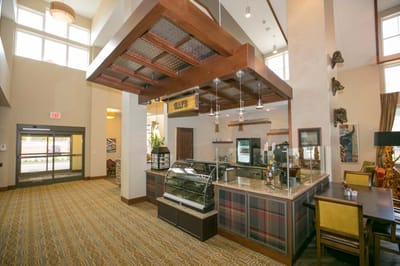 Interior view of a bright common area and café