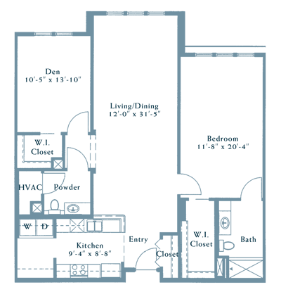 Architectural floor plan of a one-bedroom unit
