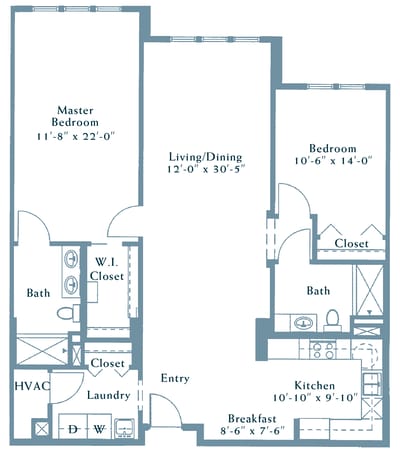 Architectural floor plan of a two-bedroom unit