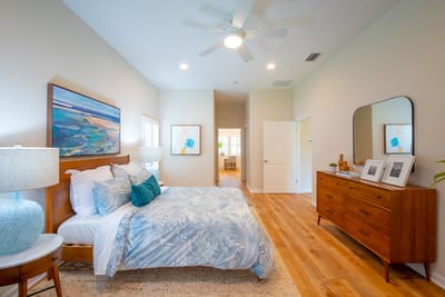 Bright and stylish bedroom in a senior living space