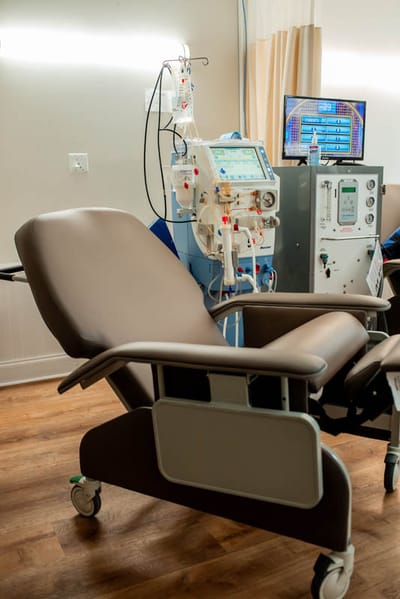 Dialysis chair and medical equipment in a treatment room