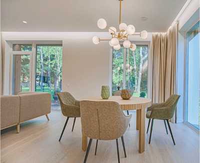 Bright shared dining area with modern decor