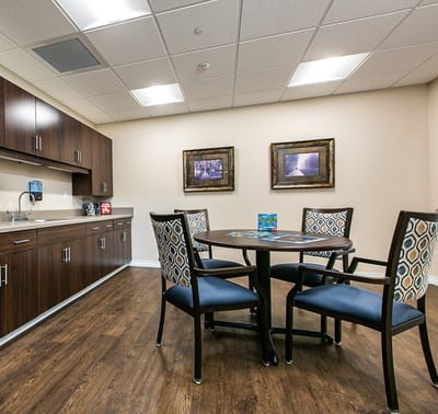 A cozy common area with seating and decor