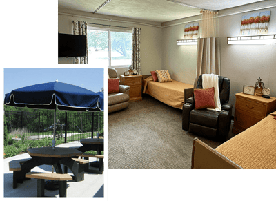 Comfortable resident room with a garden view and outdoor seating