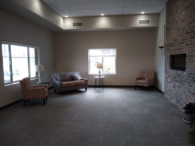 Bright interior common area with seating
