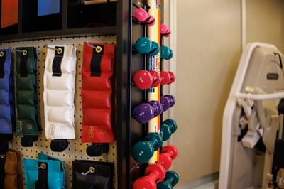 Weights and exercise equipment in a fitness area