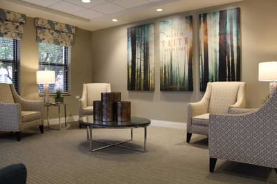Cozy common area with seating and art