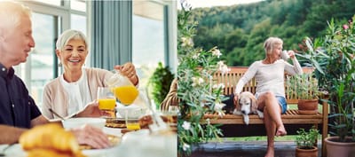 Residents enjoying breakfast in a bright dining area