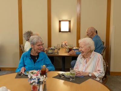 Residents enjoying a meal together in the dining room