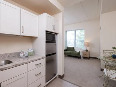 Bright interior view of a cozy kitchenette and living area