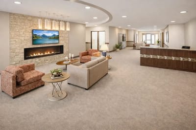 Bright and spacious common area with seating