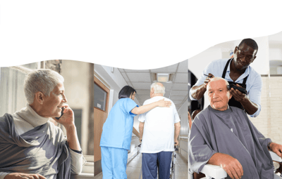 Residents and staff engaging in care activities