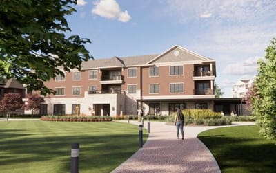 A well-designed assisted living facility with landscaped gardens