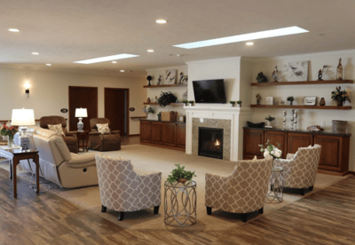 Cozy common area with seating and fireplace