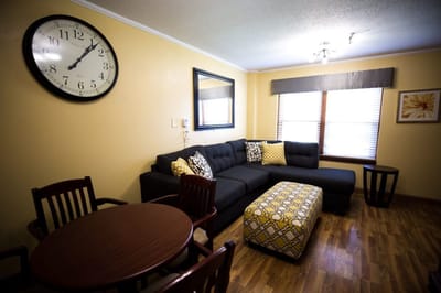 Cozy living area in a resident's room