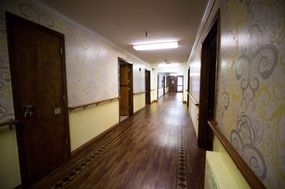 Interior hallway with wooden floors and patterned walls