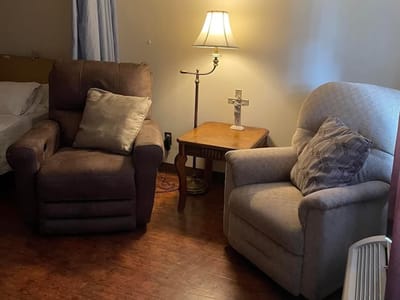 Cozy seating area in a resident's room