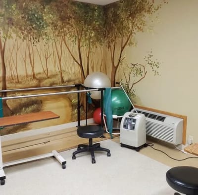Rehabilitation room with exercise equipment and nature mural