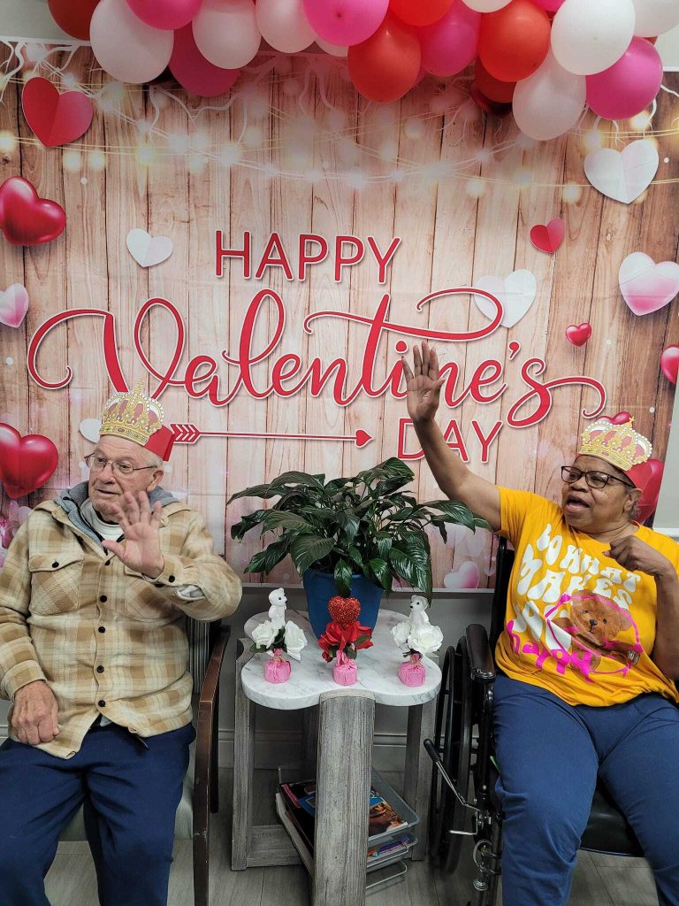 Residents celebrating Valentine's Day with decorations