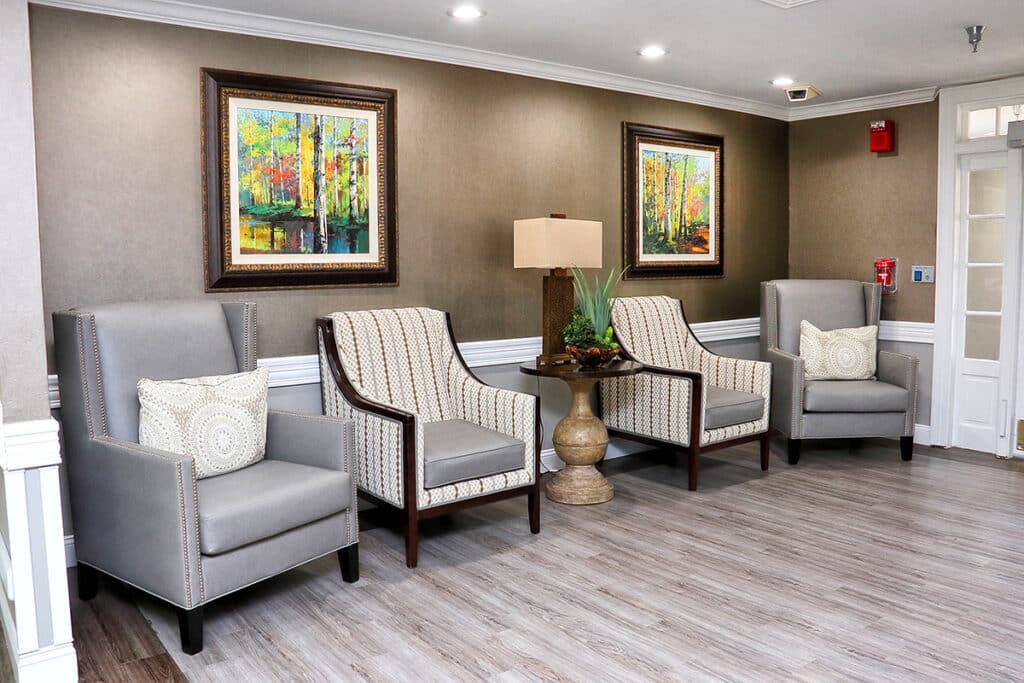 Cozy seating area with decorative paintings