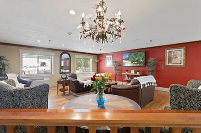 Cozy common area with seating and decorative plants