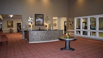 Interior view of a facility lobby with decor