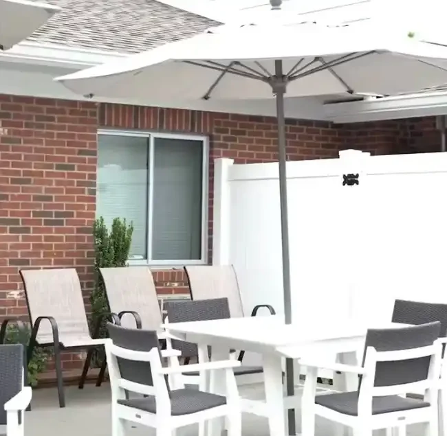 Outdoor seating area with umbrellas and chairs