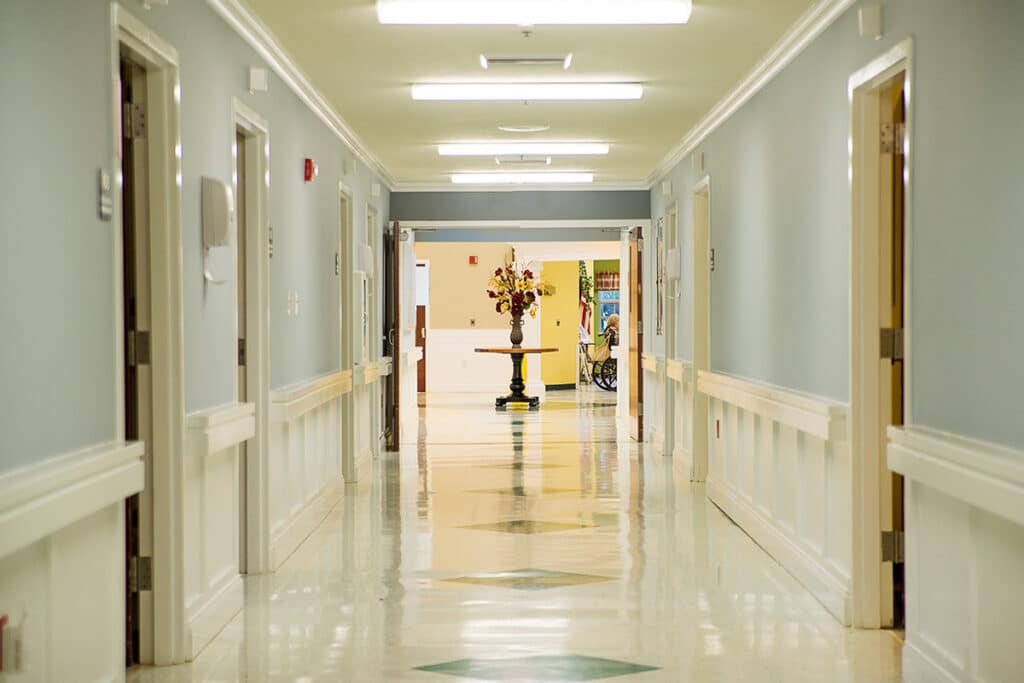 A bright hallway in a senior living facility