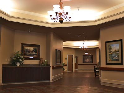 Interior view of a spacious lounge area with artwork