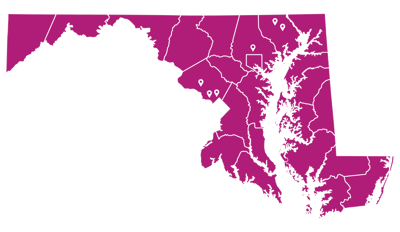Map of Maryland highlighting locations