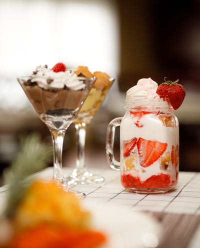 Desserts displayed in a dining area