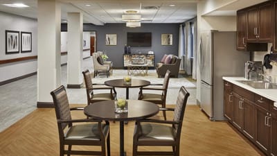 Interior of a cozy common area with seating