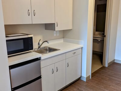 Interior view of a kitchenette in a resident room