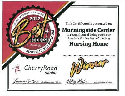 Morningside Center, Nursing Home in Chillicothe, MO — Certificate recognizing Morningside Center as Best Nursing Home