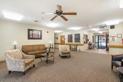 Interior view of a common area with seating