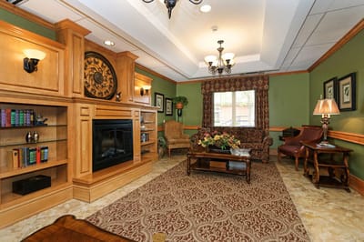Cozy common area with seating and fireplace