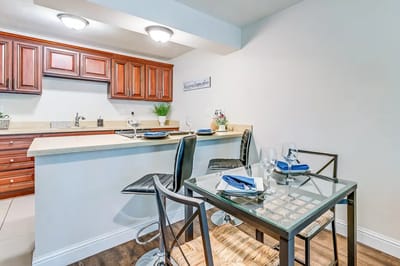 Bright kitchen area with dining setup